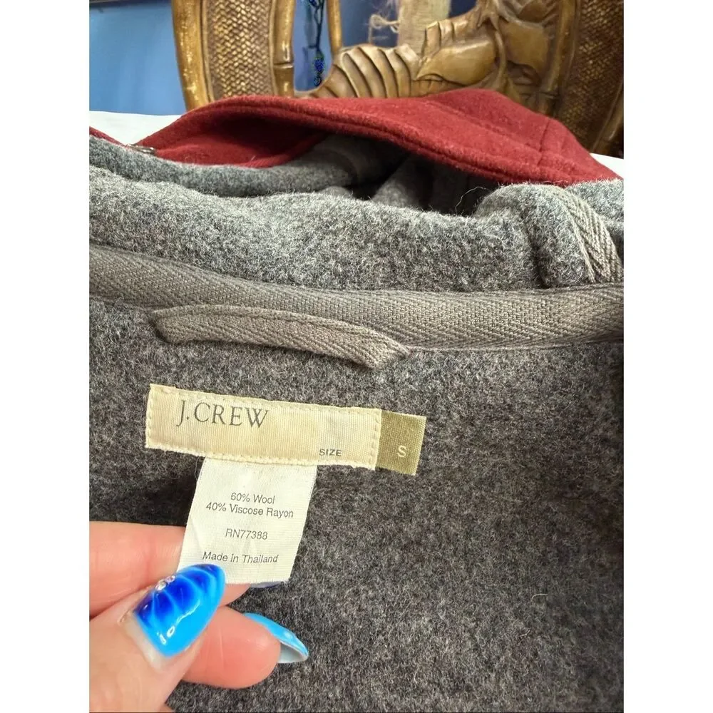 J.Crew Wool Blend Duffle Coat Small Burgundy Red Hooded Toggle Closure Jacket - Picture 7 of 9